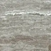 Travertino Silver outdoor rug with variegated gray and beige tones, horizontal striations, and a matte, stone-like textured finish.